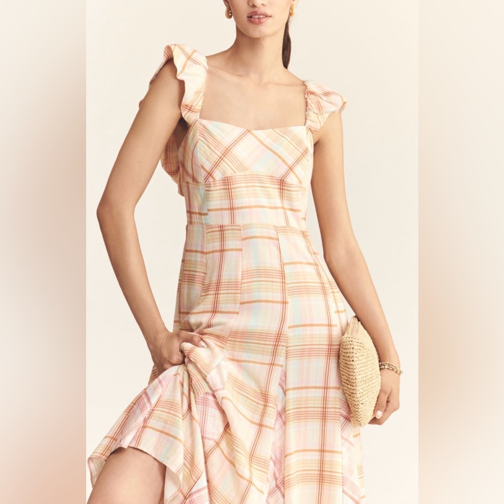 Anthropologie Pastel Plaid Midi Dress in Pink and Peach - Picture 2 of 5